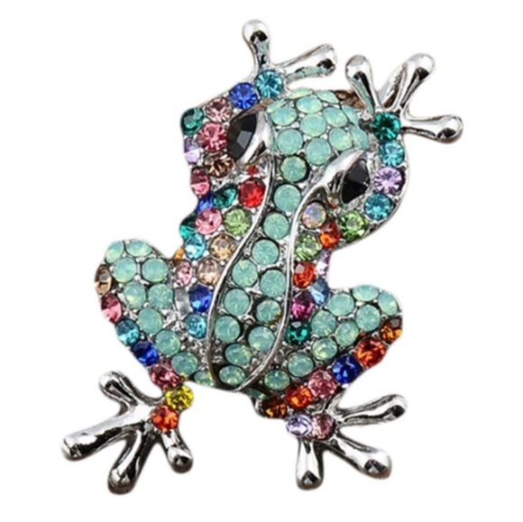 Silver plated multicolor crystal frog necklace/brooch with gold chain - Picture 13 of 16